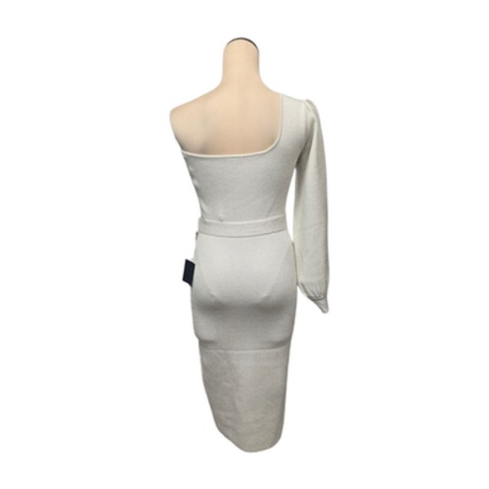 Lulus Dress Womens Medium White One‎ Shoulder Midi Knit Metallic Belted Party S - Picture 2 of 10